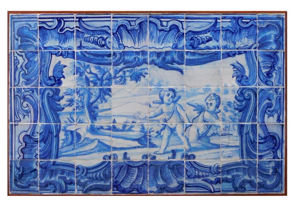 18th Century Portuguese Tiles Panel with Playing Angels Decor, Set of 40