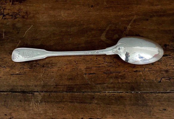 18th Century Shell Model Silver Stew Spoon with Coat of Arms-QKG-1758620