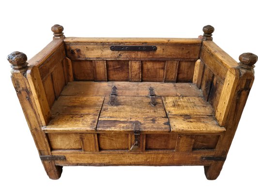 18th Century Spanish Hand Carved Wooden Bench with Storage-TCS-1358065