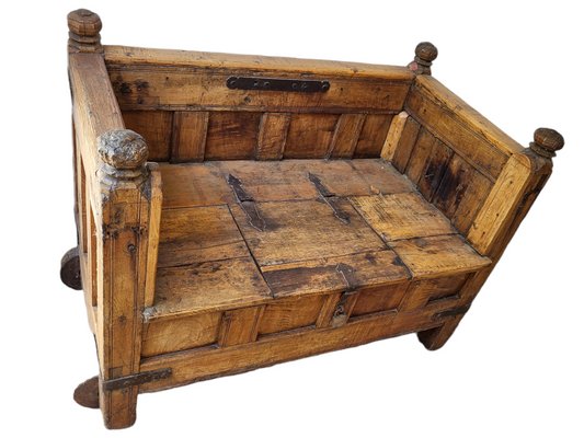 18th Century Spanish Hand Carved Wooden Bench with Storage-TCS-1358065