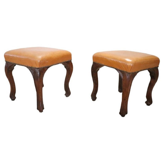 18th Century Walnut and Leather Stools, Set of 2