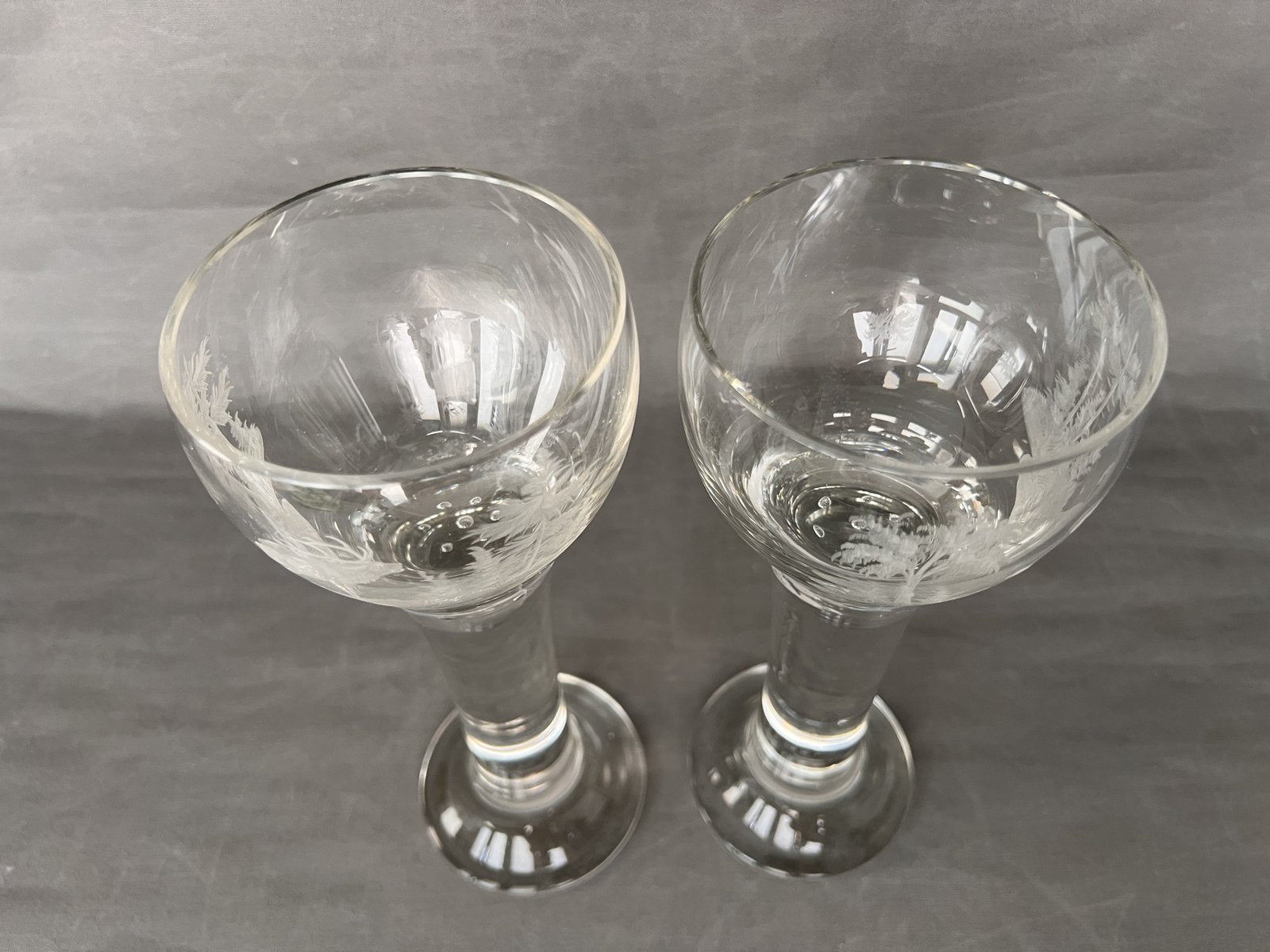 18th Century Wine Glasses with Acid Etched Scenes, Set of 2