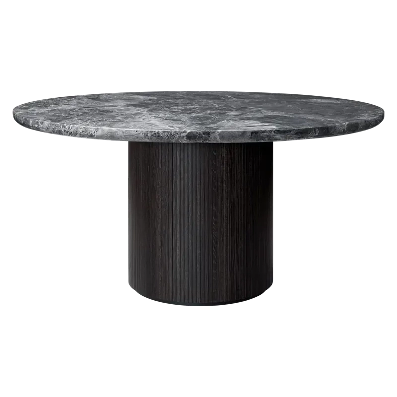 Moon Dining Table - Round by Gubi #Brown/Black Stained Veneer Oak Lacquered / Grey Emperador Marble / Ø150 cm