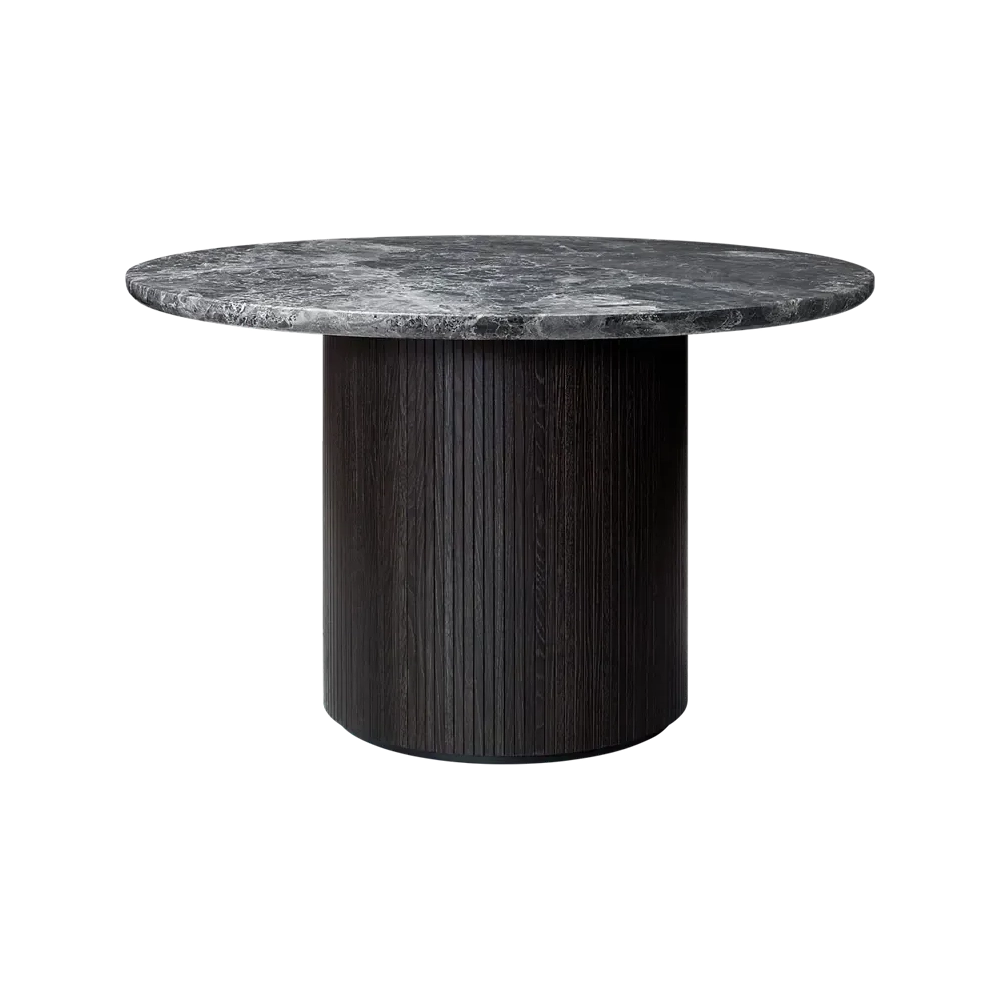 Moon Dining Table - Round by Gubi #Brown/Black Stained Veneer Oak Lacquered / Grey Emperador Marble / Ø120 cm