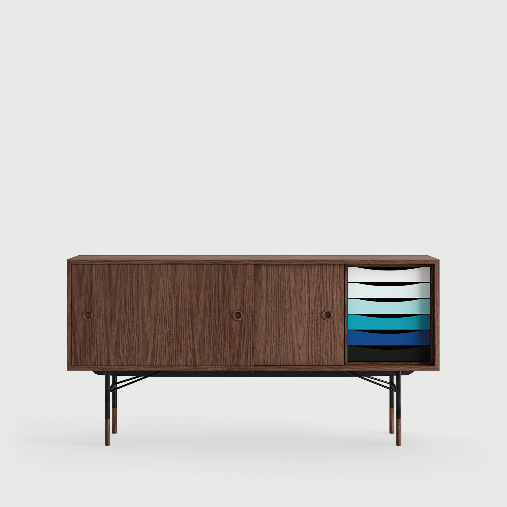 [국내재고] [26년 8월 입고예정] THE SIDEBOARD with Tray Unit - Wood Type: Walnut / Steel Legs: Black / Sliding Doors: Light Blue/White