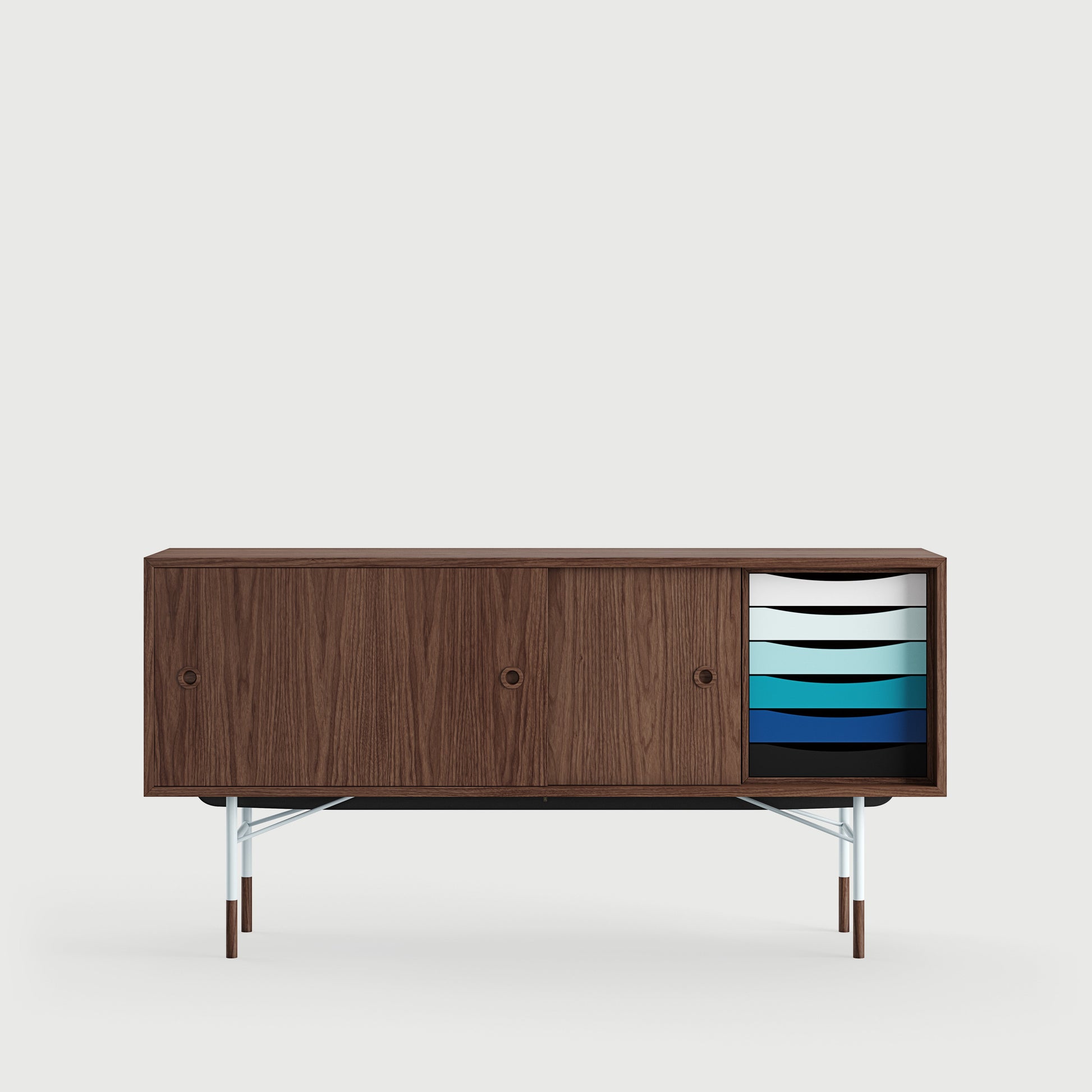 [국내재고] [26년 8월 입고예정] THE SIDEBOARD with Tray Unit - Wood Type: Walnut / Steel Legs: Black / Sliding Doors: Light Blue/White