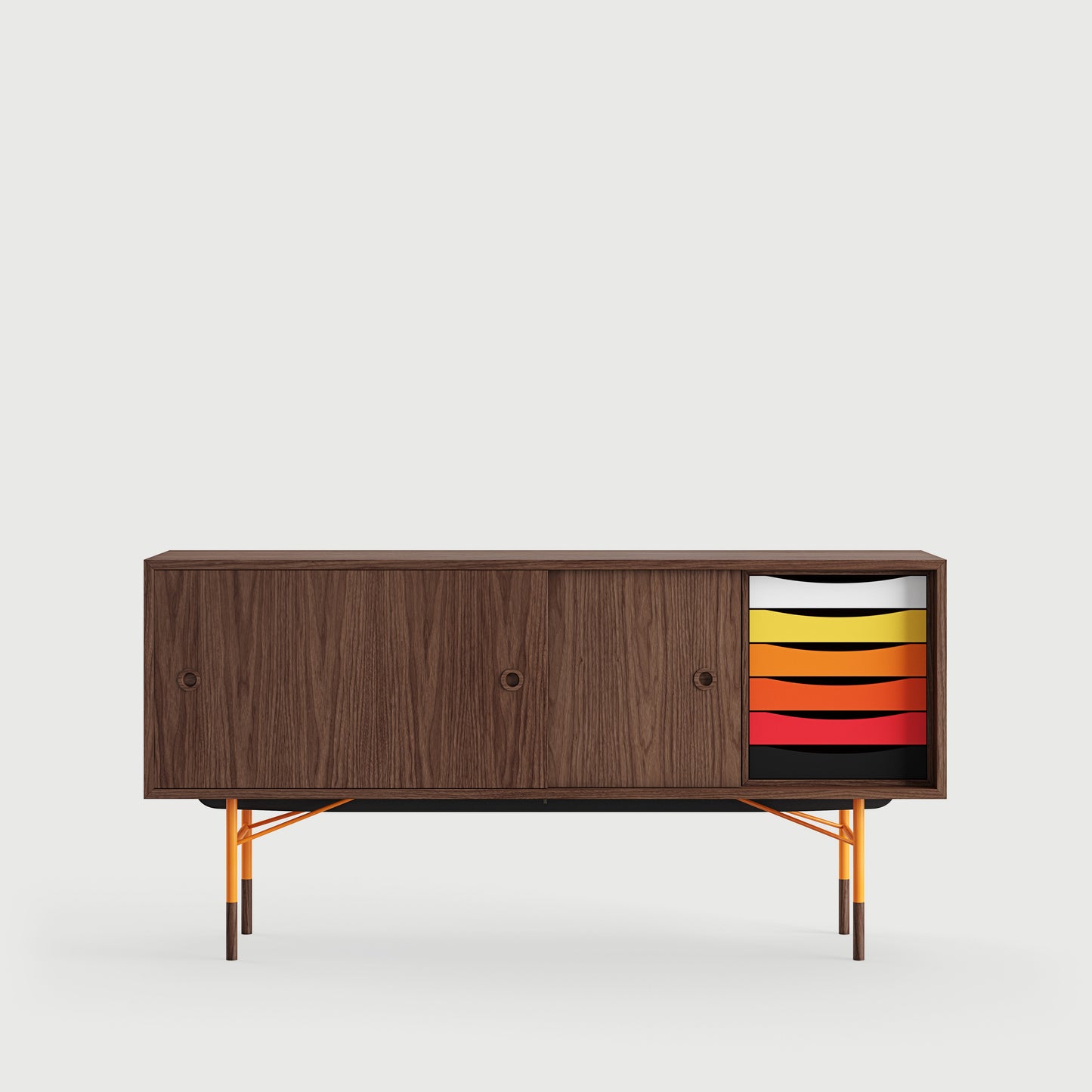 [국내재고] [26년 8월 입고예정] THE SIDEBOARD with Tray Unit - Wood Type: Walnut / Steel Legs: Black / Sliding Doors: Light Blue/White