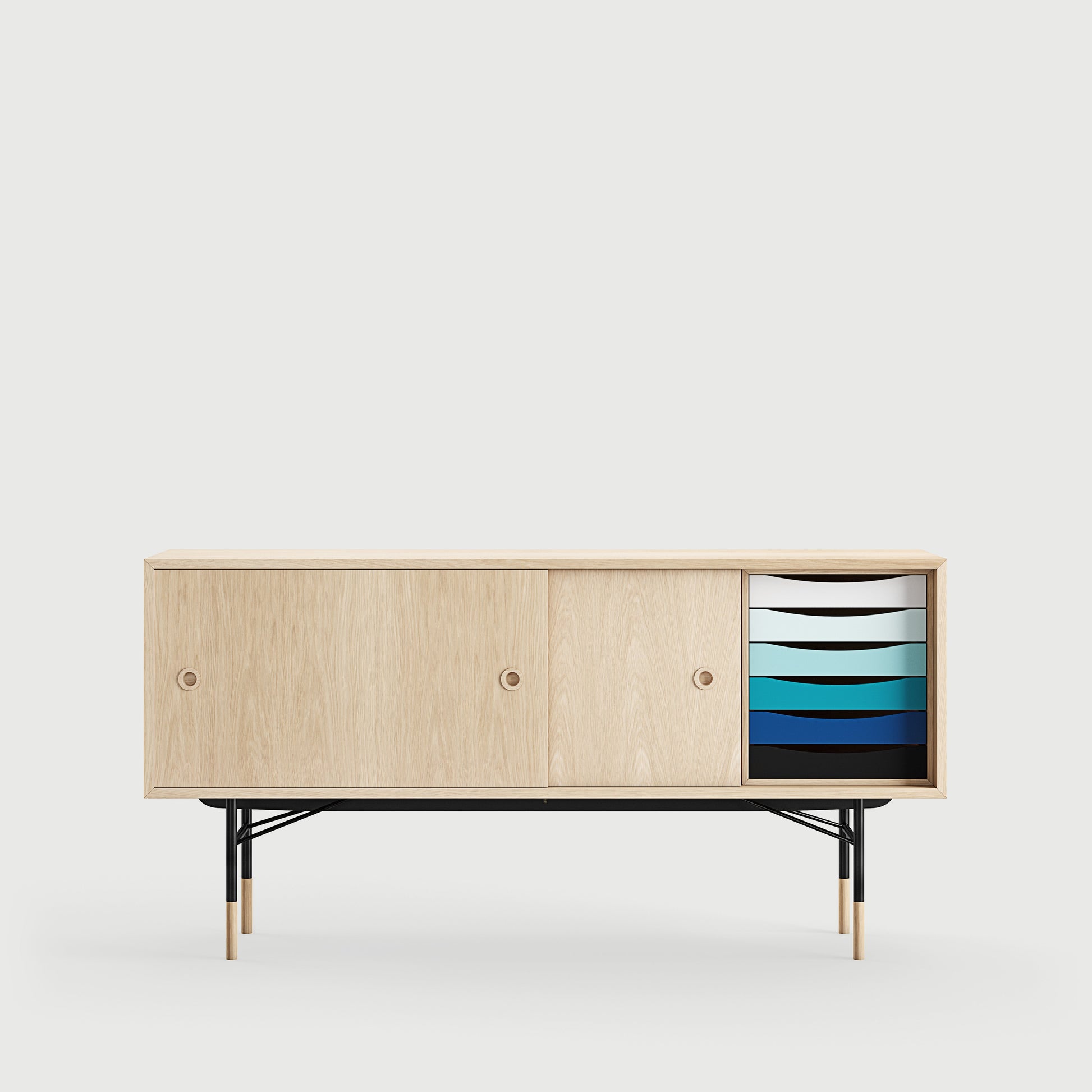 [국내재고] [26년 8월 입고예정] THE SIDEBOARD with Tray Unit - Wood Type: Walnut / Steel Legs: Black / Sliding Doors: Light Blue/White