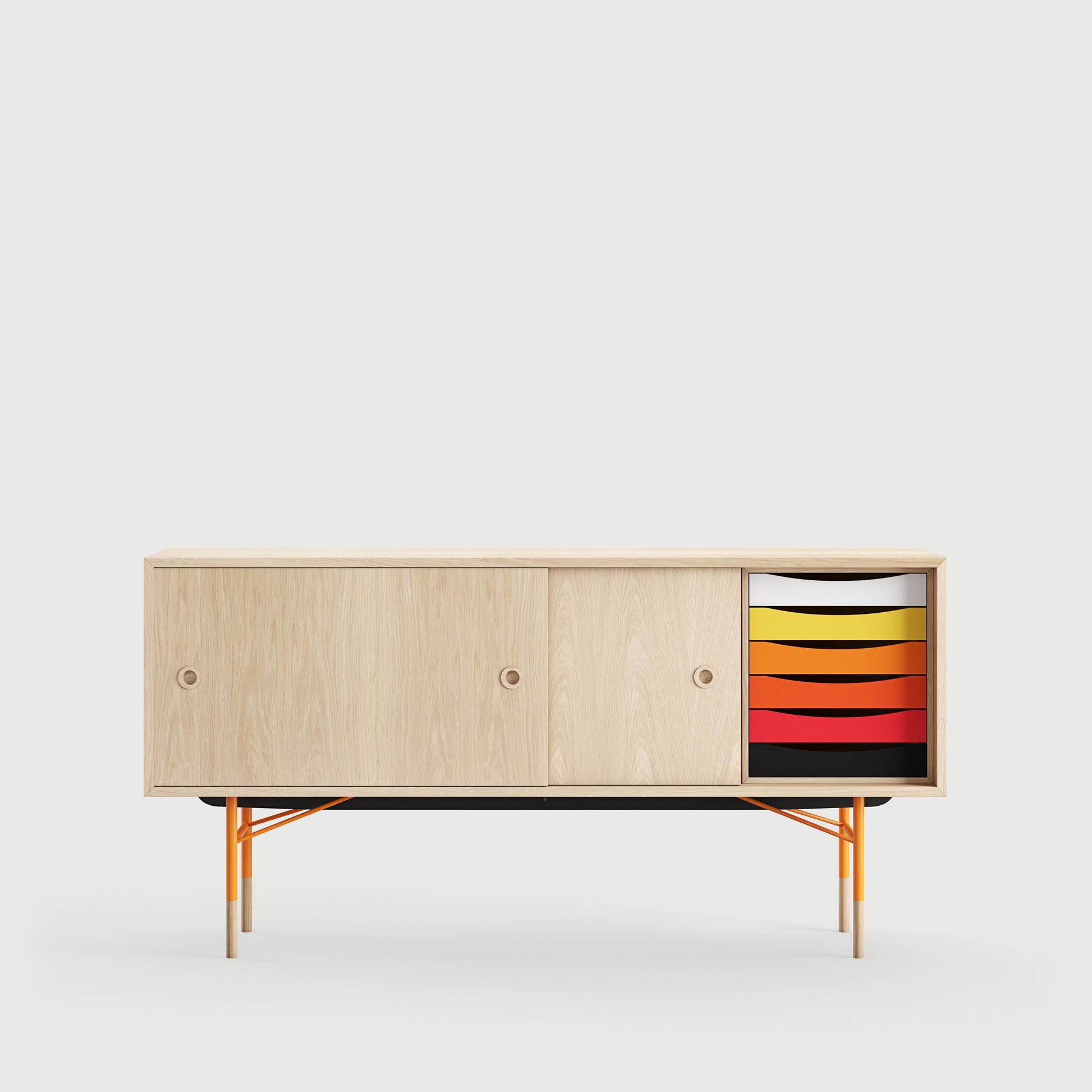 [국내재고] [26년 8월 입고예정] THE SIDEBOARD with Tray Unit - Wood Type: Walnut / Steel Legs: Black / Sliding Doors: Light Blue/White