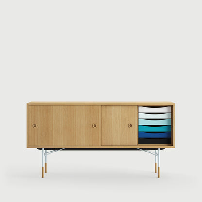 [국내재고] [26년 8월 입고예정] THE SIDEBOARD with Tray Unit - Wood Type: Walnut / Steel Legs: Black / Sliding Doors: Light Blue/White