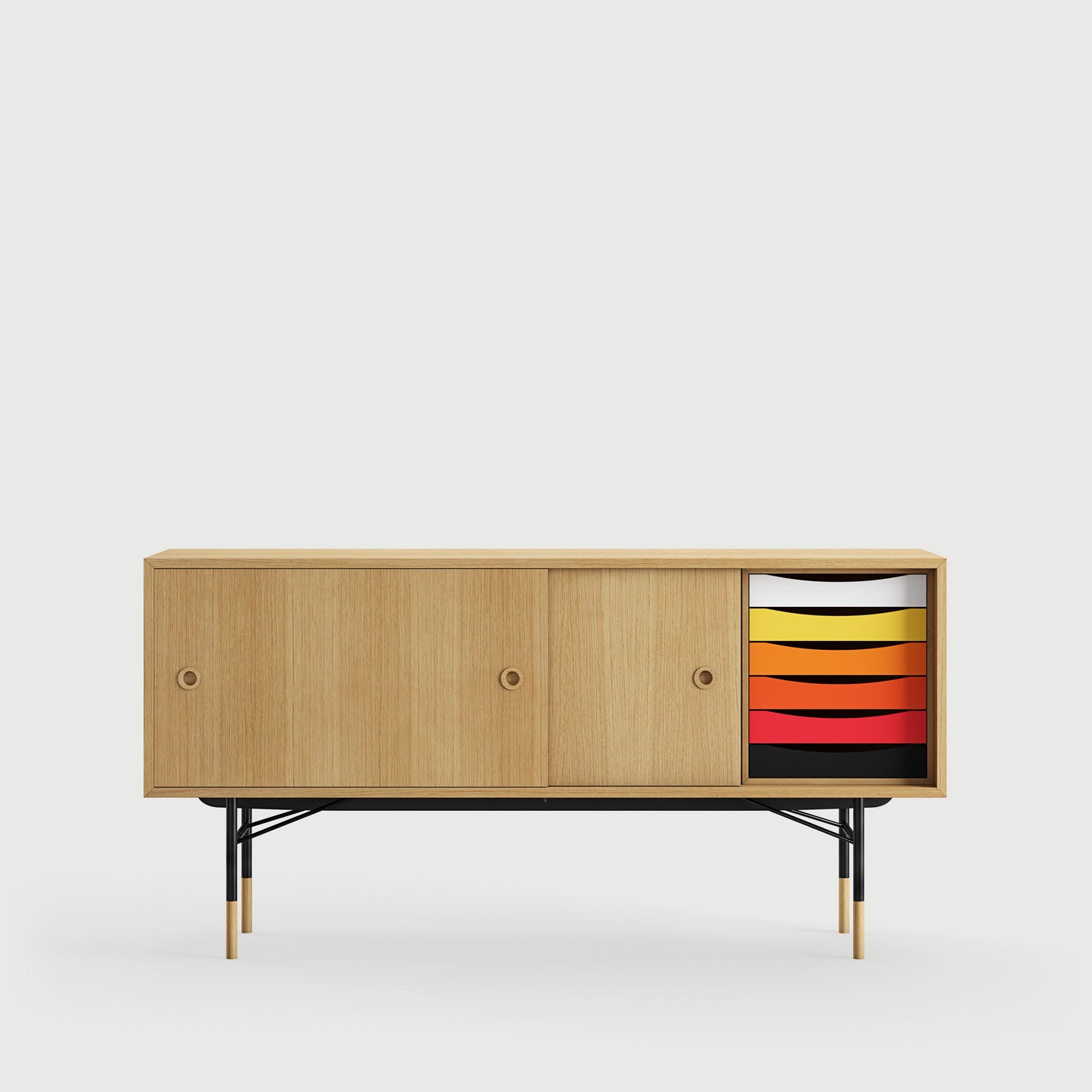 [국내재고] [26년 8월 입고예정] THE SIDEBOARD with Tray Unit - Wood Type: Walnut / Steel Legs: Black / Sliding Doors: Light Blue/White