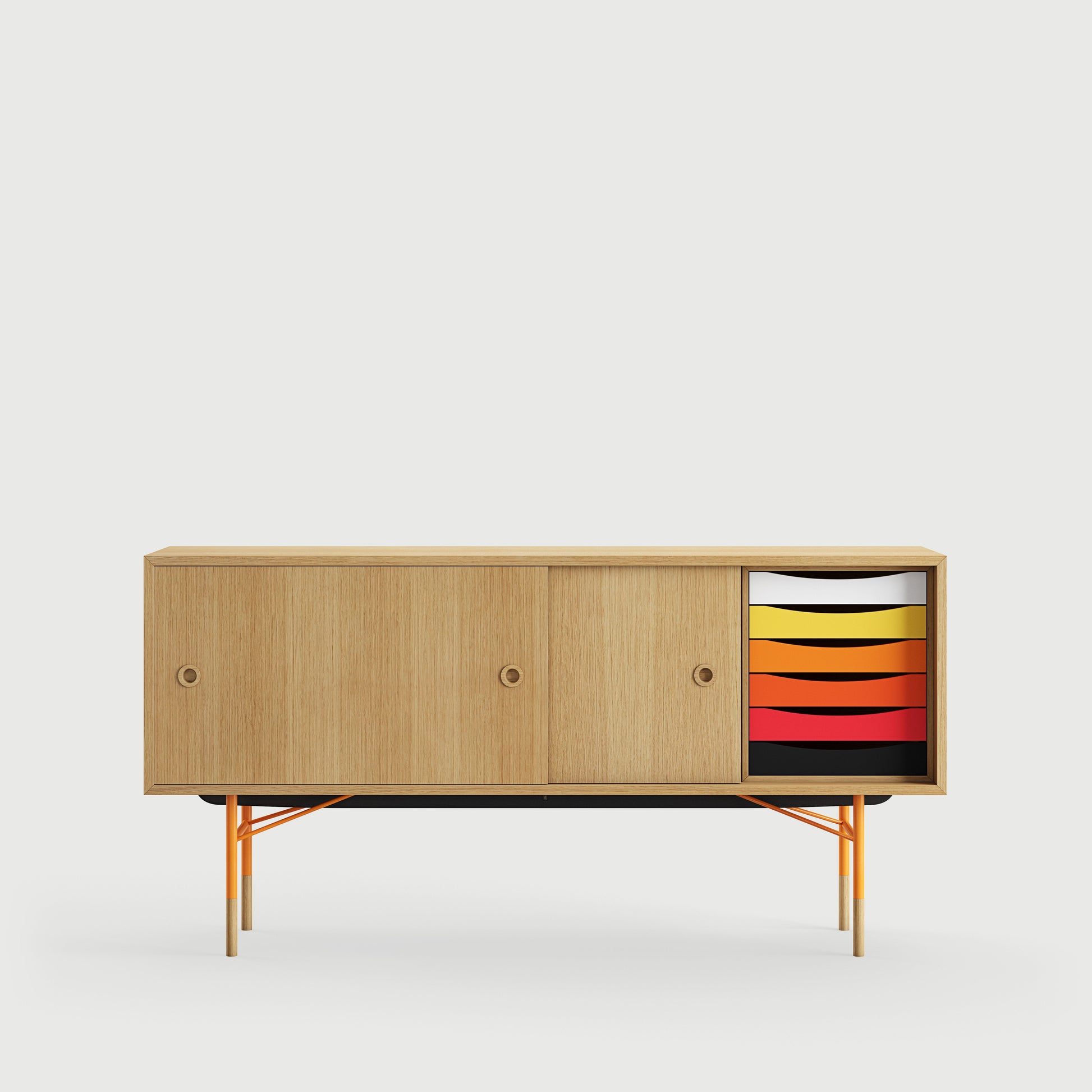 [국내재고] [26년 8월 입고예정] THE SIDEBOARD with Tray Unit - Wood Type: Walnut / Steel Legs: Black / Sliding Doors: Light Blue/White