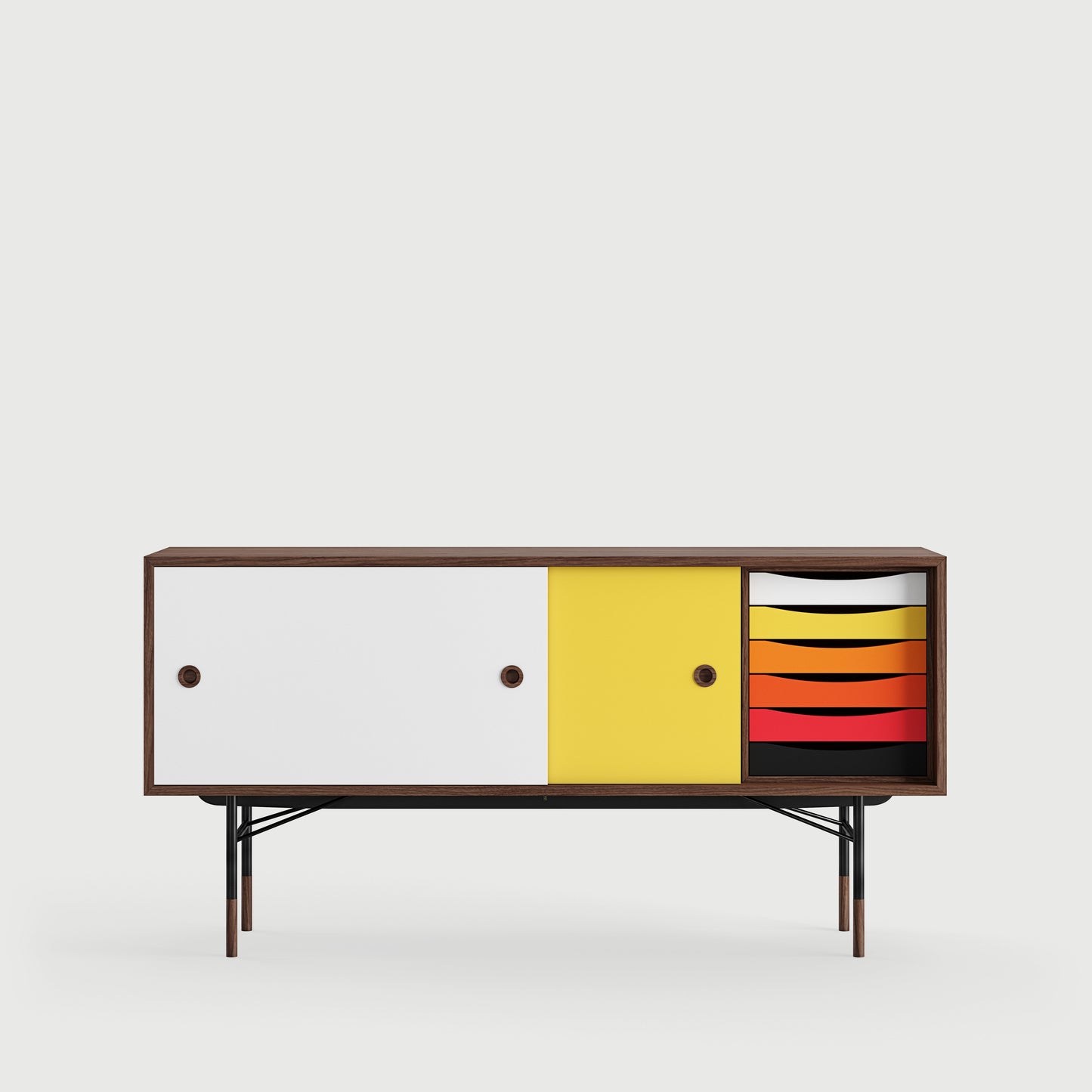 [국내재고] [26년 8월 입고예정] THE SIDEBOARD with Tray Unit - Wood Type: Walnut / Steel Legs: Black / Sliding Doors: Light Blue/White