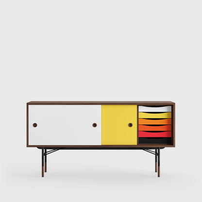 [국내재고] [26년 8월 입고예정] THE SIDEBOARD with Tray Unit - Wood Type: Walnut / Steel Legs: Black / Sliding Doors: Light Blue/White