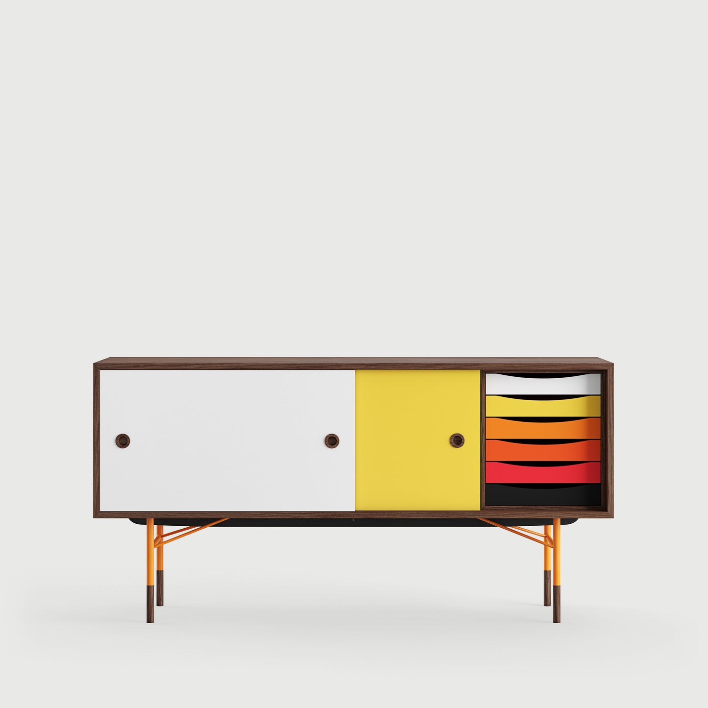 [국내재고] [26년 8월 입고예정] THE SIDEBOARD with Tray Unit - Wood Type: Walnut / Steel Legs: Black / Sliding Doors: Light Blue/White