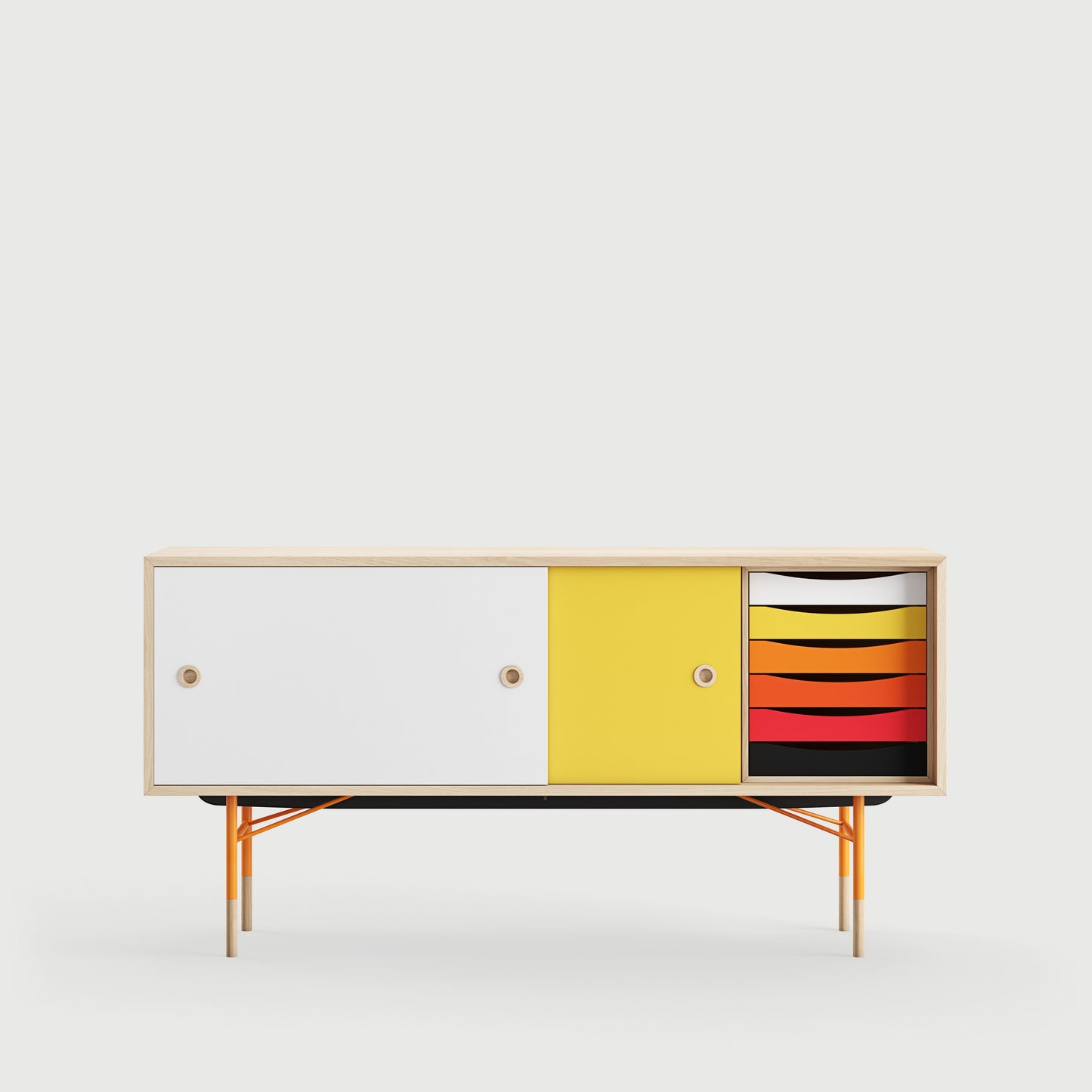 [국내재고] [26년 8월 입고예정] THE SIDEBOARD with Tray Unit - Wood Type: Walnut / Steel Legs: Black / Sliding Doors: Light Blue/White
