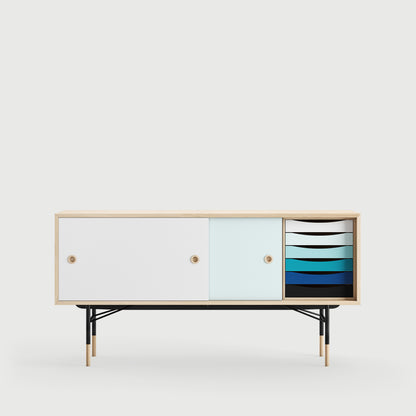 [국내재고] [26년 8월 입고예정] THE SIDEBOARD with Tray Unit - Wood Type: Walnut / Steel Legs: Black / Sliding Doors: Light Blue/White