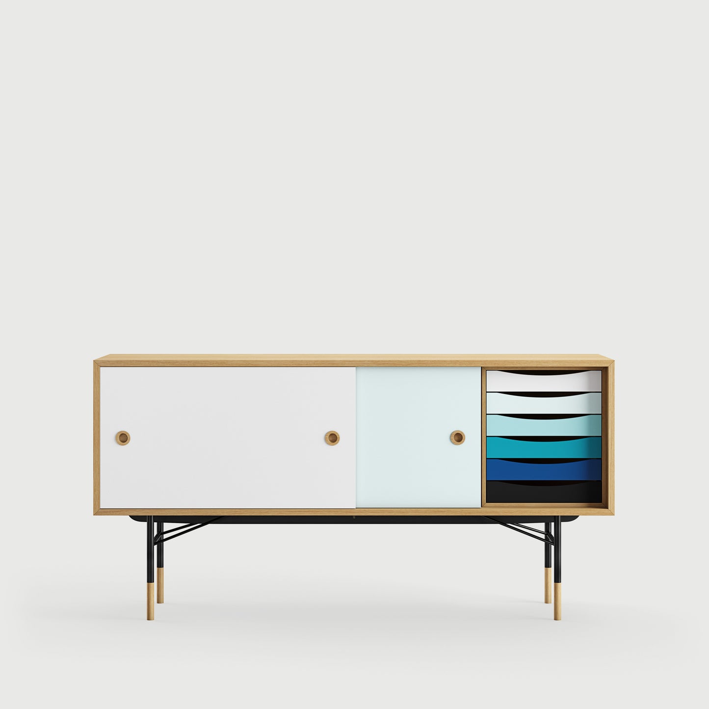 [국내재고] [26년 8월 입고예정] THE SIDEBOARD with Tray Unit - Wood Type: Walnut / Steel Legs: Black / Sliding Doors: Light Blue/White