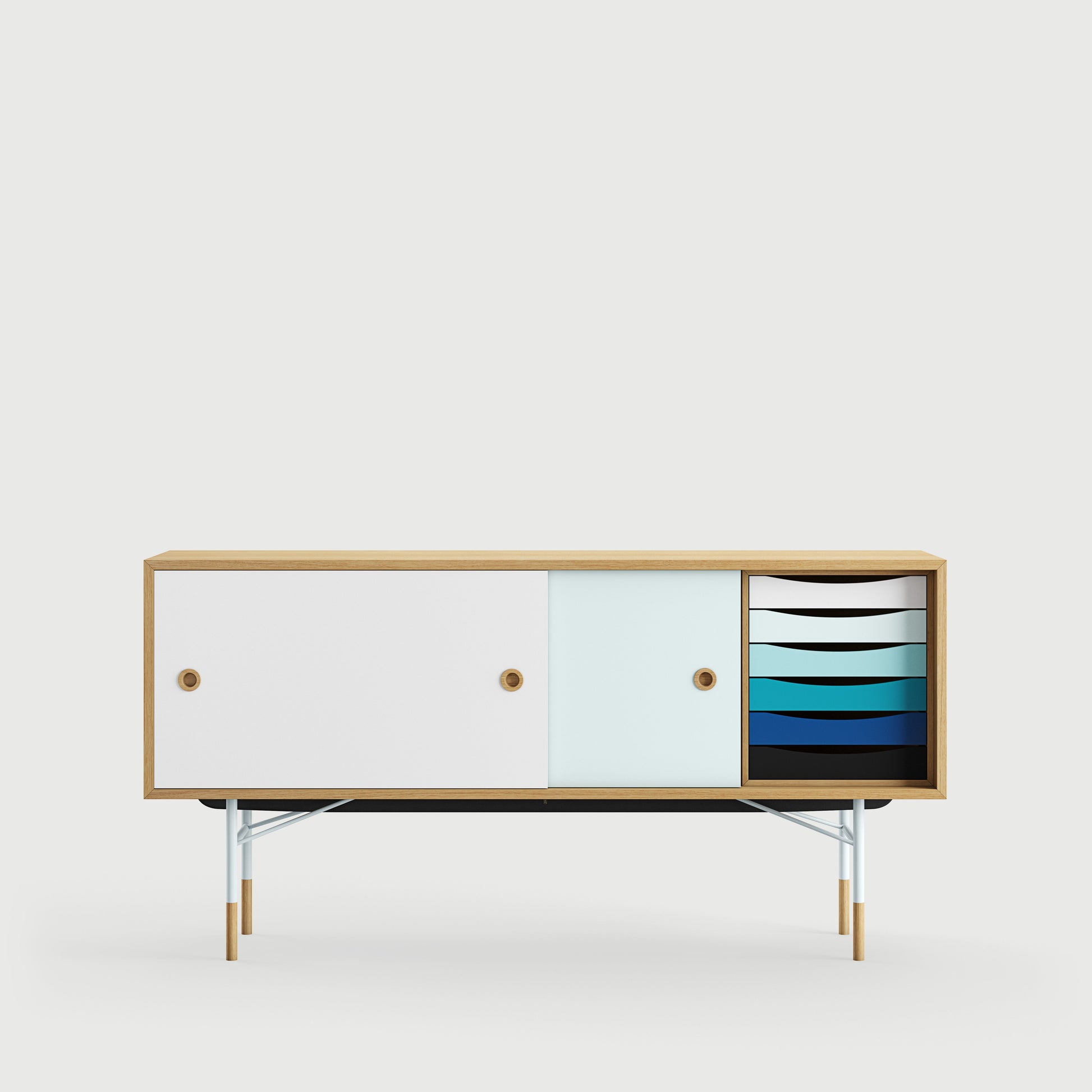 [국내재고] [26년 8월 입고예정] THE SIDEBOARD with Tray Unit - Wood Type: Walnut / Steel Legs: Black / Sliding Doors: Light Blue/White