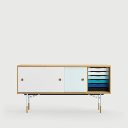 [국내재고] [26년 8월 입고예정] THE SIDEBOARD with Tray Unit - Wood Type: Walnut / Steel Legs: Black / Sliding Doors: Light Blue/White