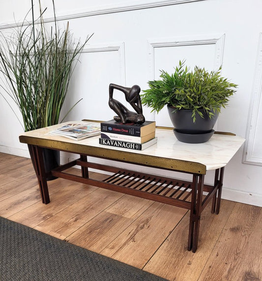 1960s Italian Mid-Century Modern Marble Brass and Wood Cocktail Coffee Table by Milo Baughman