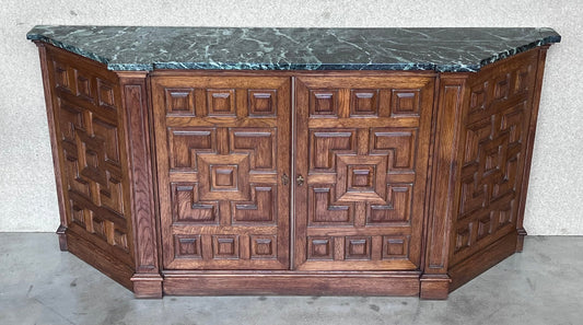 19th Catalan Spanish Baroque Carved Walnut Tuscan Two Drawers Credenza or Buffet, 1920