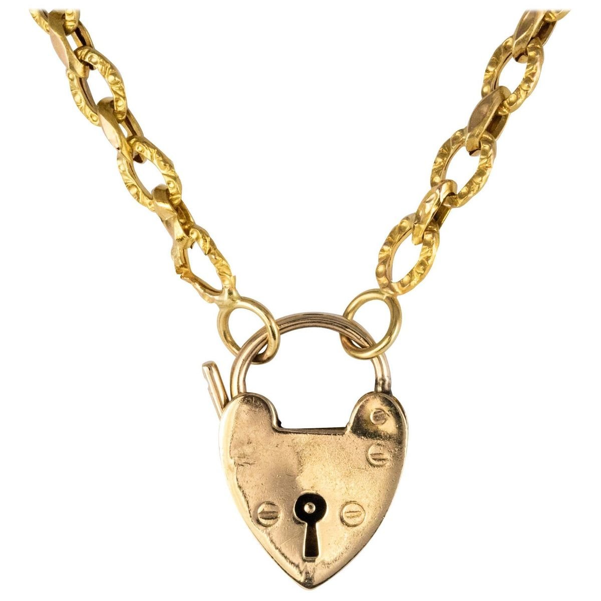 19th Century 18 Karat Yellow Gold Chiseled Chain and Heart-Shaped Padlock Necklace-OLU-896702