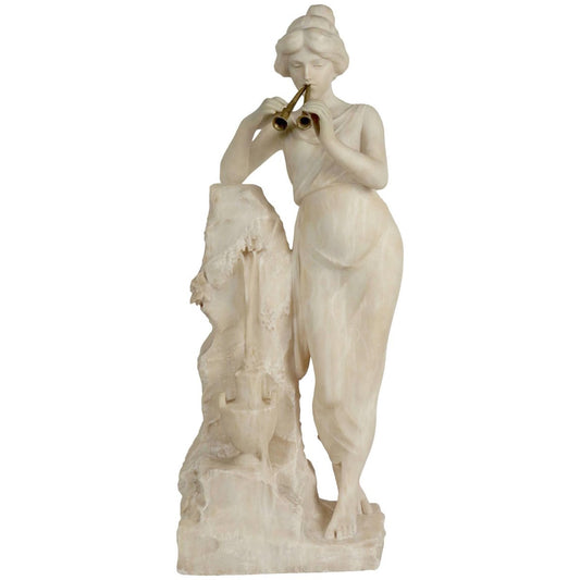 19th Century Alabaster Woman with a Bronze Flute Beside the Fountain