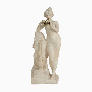 19th Century Alabaster Woman with a Bronze Flute Beside the Fountain-WFS-744786