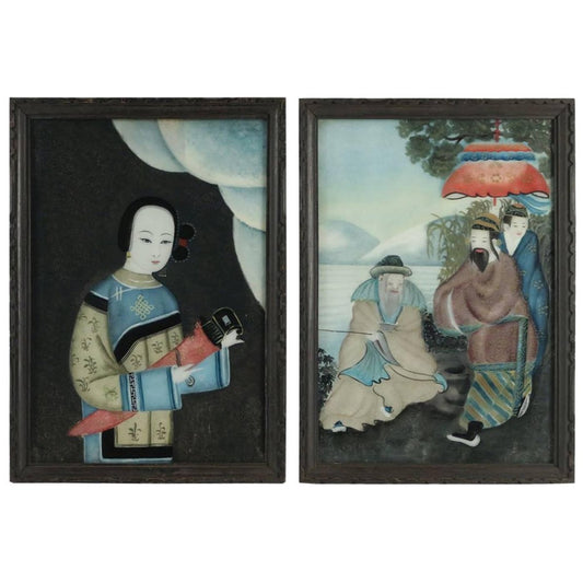 19th Century Asian Paintings under Glass, Set of 2