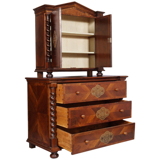 19th-Century Austrian Chest of Drawers in Walnut, Veneer Walnut & Silver Inlaid