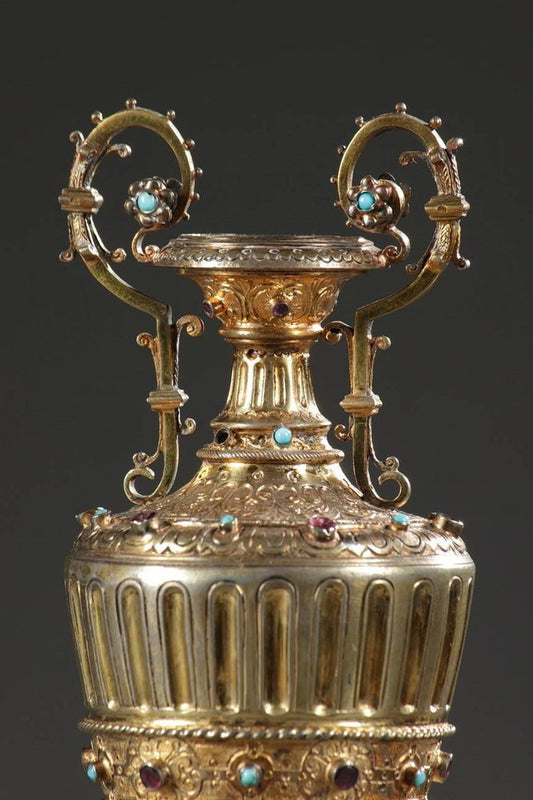 19th-Century Austro-Hungarian Vases in Silver Gilt with Gemstones, Set of 2