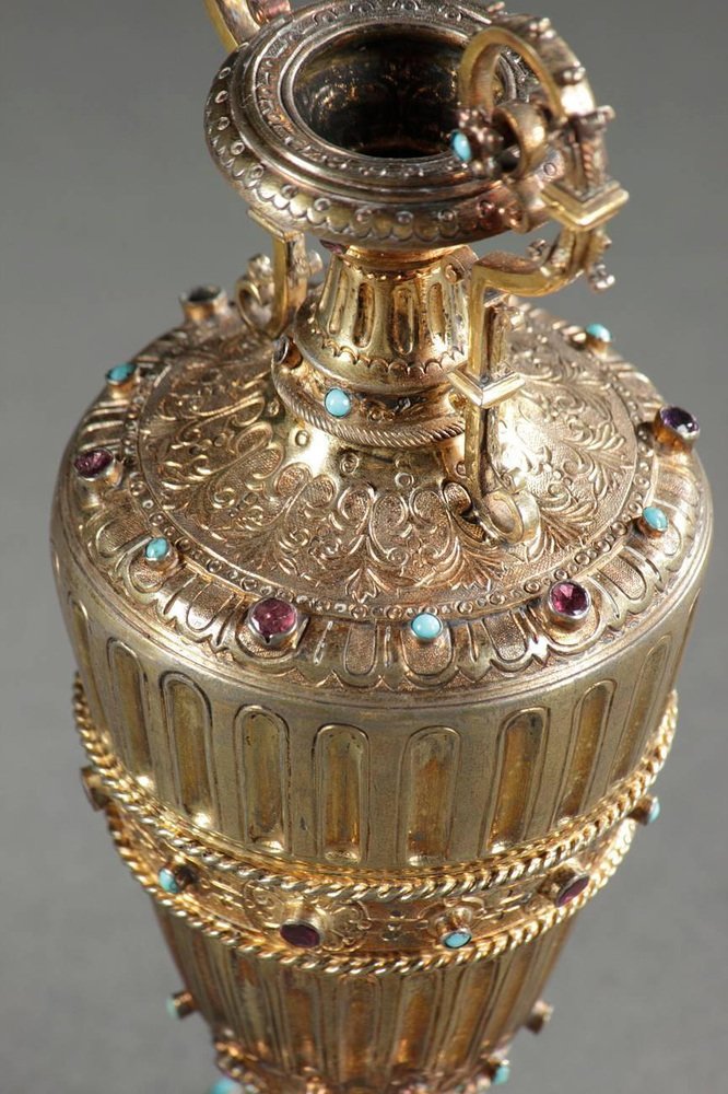 19th-Century Austro-Hungarian Vases in Silver Gilt with Gemstones, Set of 2