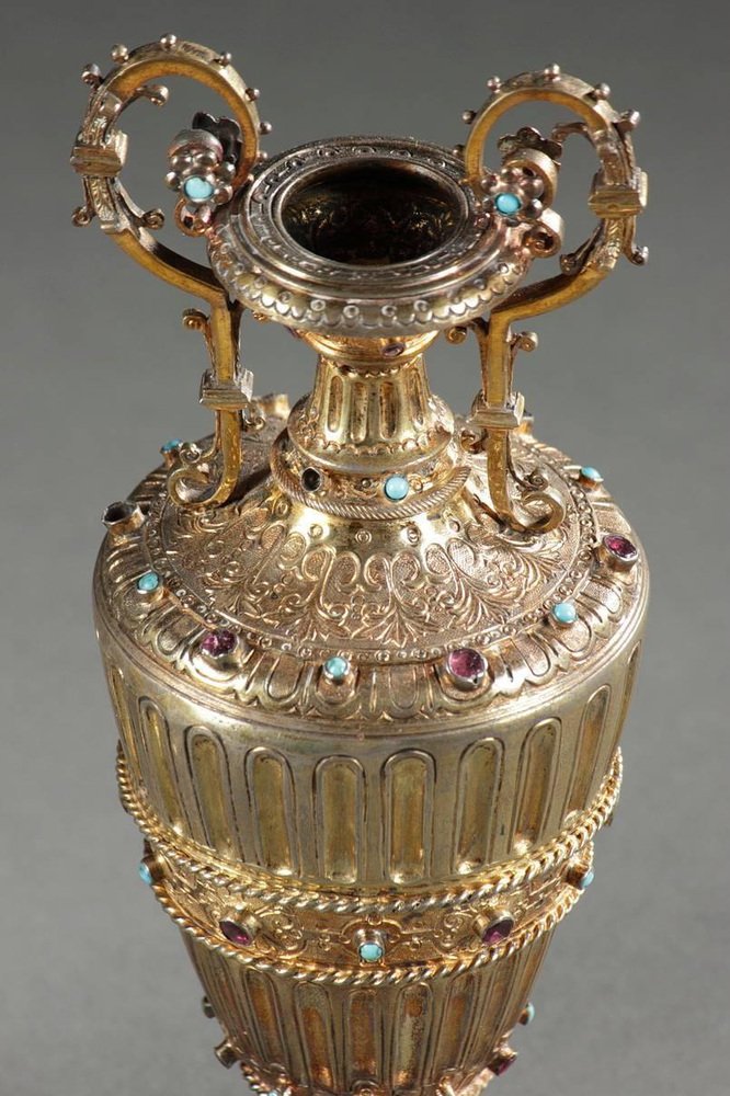 19th-Century Austro-Hungarian Vases in Silver Gilt with Gemstones, Set of 2