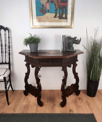 19th Century Baroque Solid Walnut Lyre-Leg Demi-Lune Console Table with Inlay-EUP-1266778