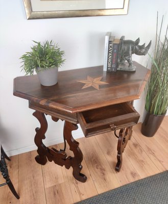 19th Century Baroque Solid Walnut Lyre-Leg Demi-Lune Console Table with Inlay-EUP-1266778