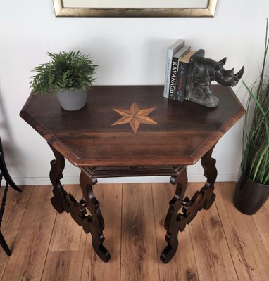 19th Century Baroque Solid Walnut Lyre-Leg Demi-Lune Console Table with Inlay-EUP-1266778