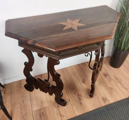 19th Century Baroque Solid Walnut Lyre-Leg Demi-Lune Console Table with Inlay-EUP-1266778