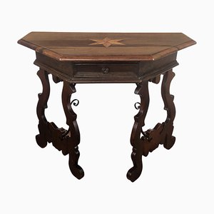 19th Century Baroque Solid Walnut Lyre-Leg Demi-Lune Console Table with Inlay-EUP-1266778