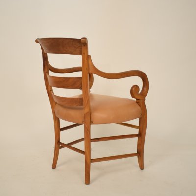 19th Century Biedermeier German Cherrywood and Brown Leather Armchair-FB-735099