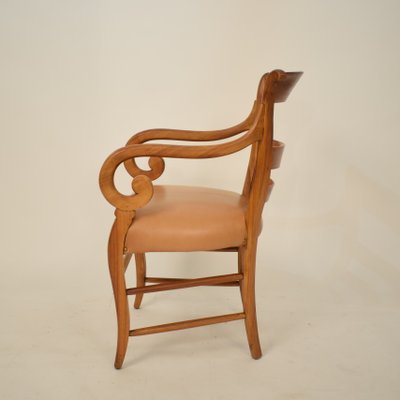 19th Century Biedermeier German Cherrywood and Brown Leather Armchair-FB-735099