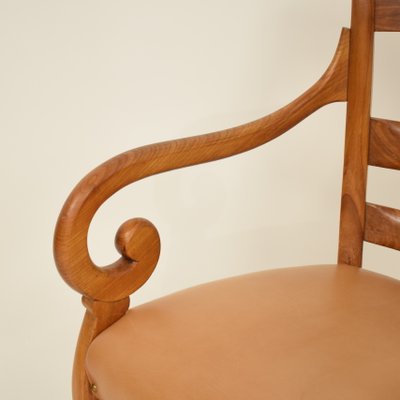 19th Century Biedermeier German Cherrywood and Brown Leather Armchair-FB-735099