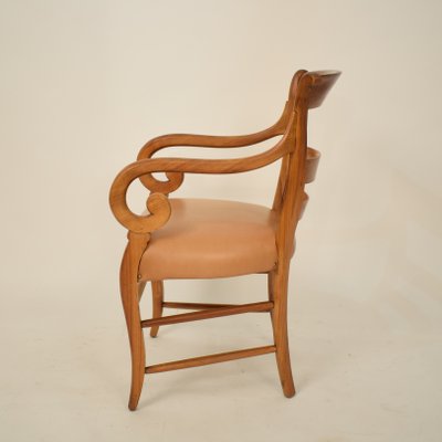 19th Century Biedermeier German Cherrywood and Brown Leather Armchair-FB-735099