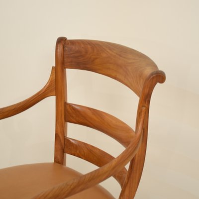 19th Century Biedermeier German Cherrywood and Brown Leather Armchair-FB-735099