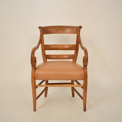 19th Century Biedermeier German Cherrywood and Brown Leather Armchair-FB-735099