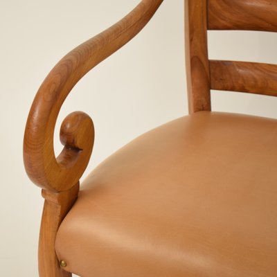 19th Century Biedermeier German Cherrywood and Brown Leather Armchair-FB-735099