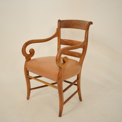 19th Century Biedermeier German Cherrywood and Brown Leather Armchair-FB-735099