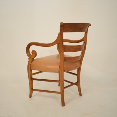 19th Century Biedermeier German Cherrywood and Brown Leather Armchair-FB-735099