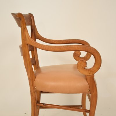 19th Century Biedermeier German Cherrywood and Brown Leather Armchair-FB-735099