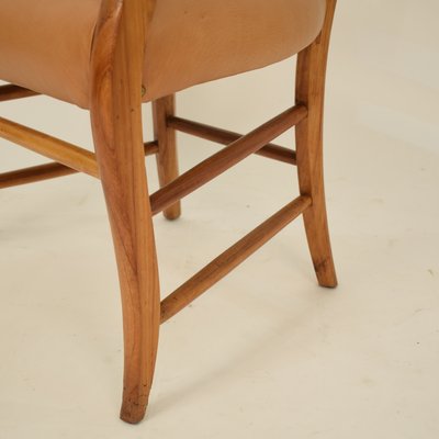 19th Century Biedermeier German Cherrywood and Brown Leather Armchair-FB-735099